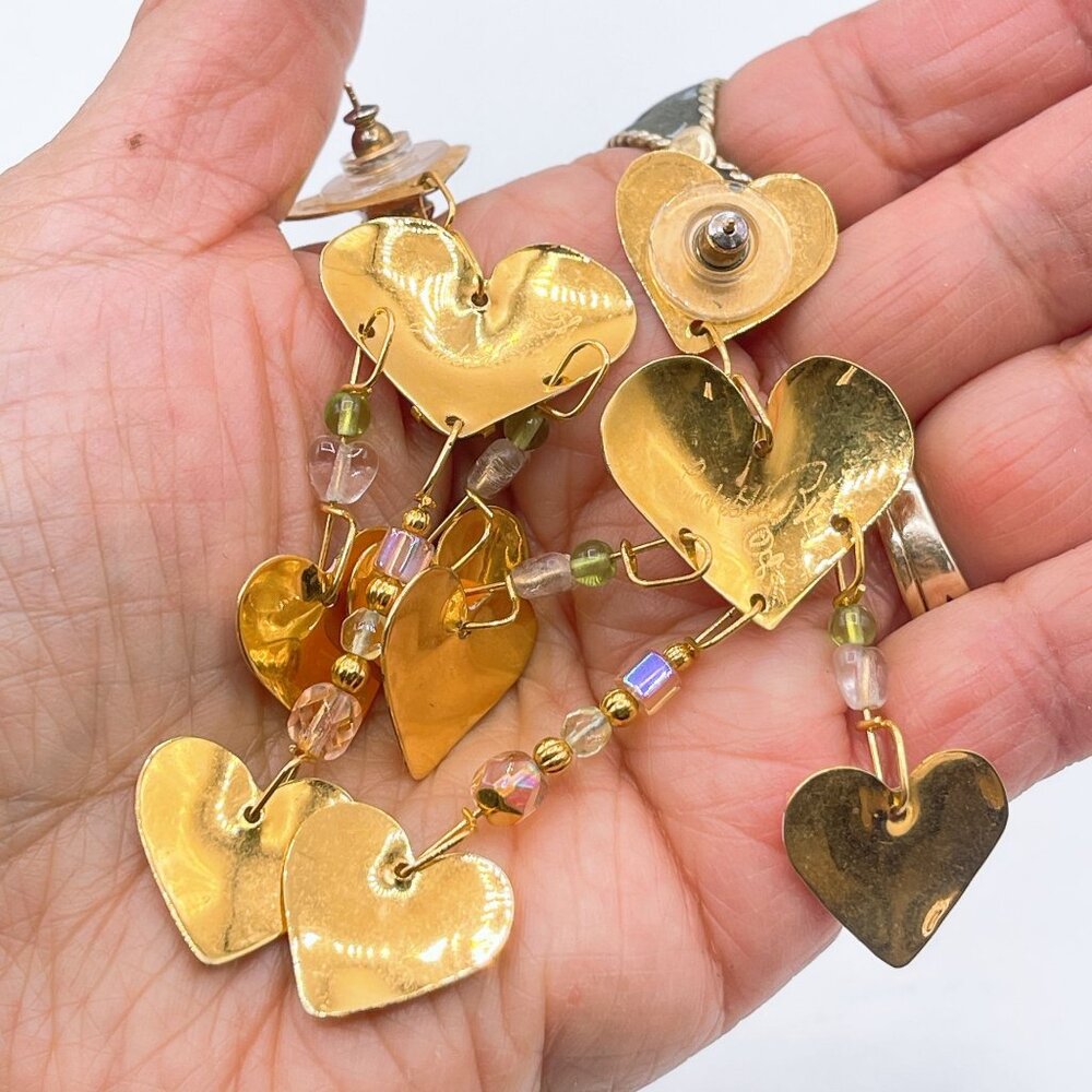 Lunch At The Ritz Pink Heart Dangle Earrings W/ Rhinestones & Beads Gold Tone Ba - Picture 4 of 7